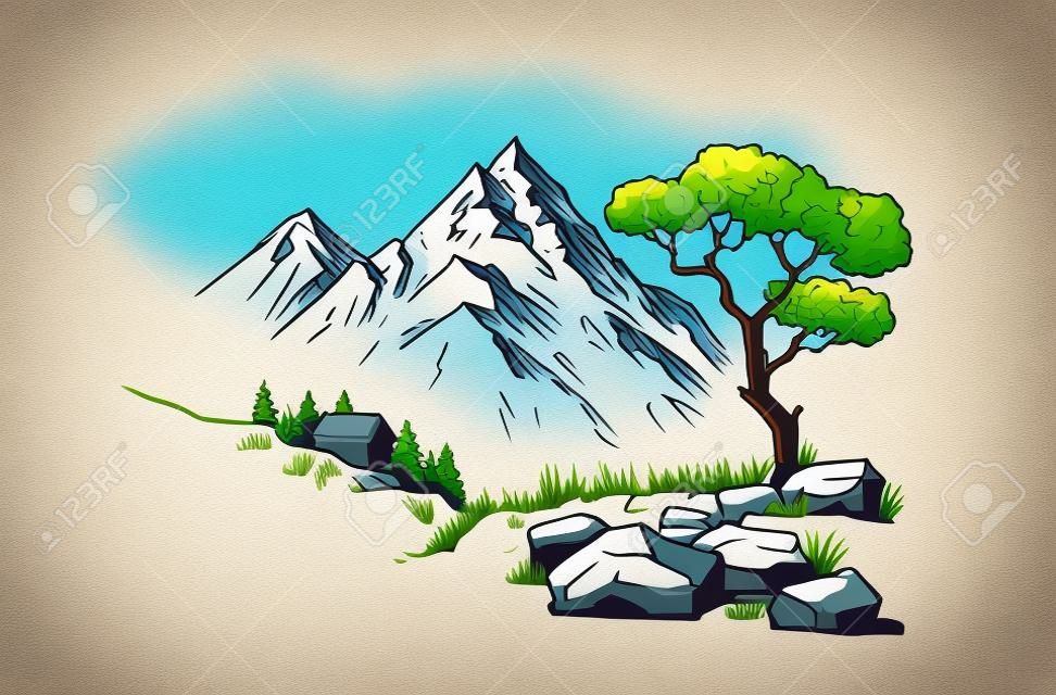 Mão desenhada ilustração vetorial da paisagem da montanha