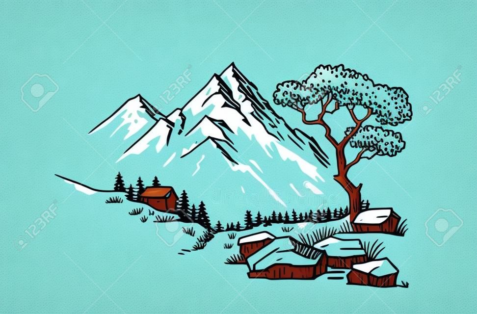 Ręcznie rysowane ilustracji wektorowych krajobraz górski