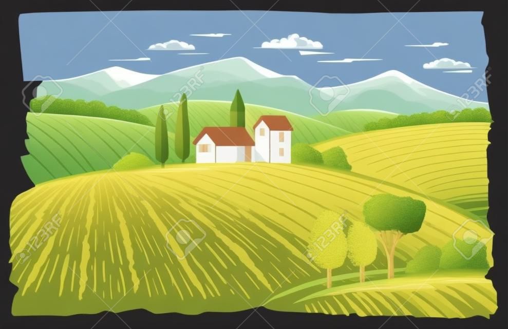 Vector illustration landscape nature with agrarian fields