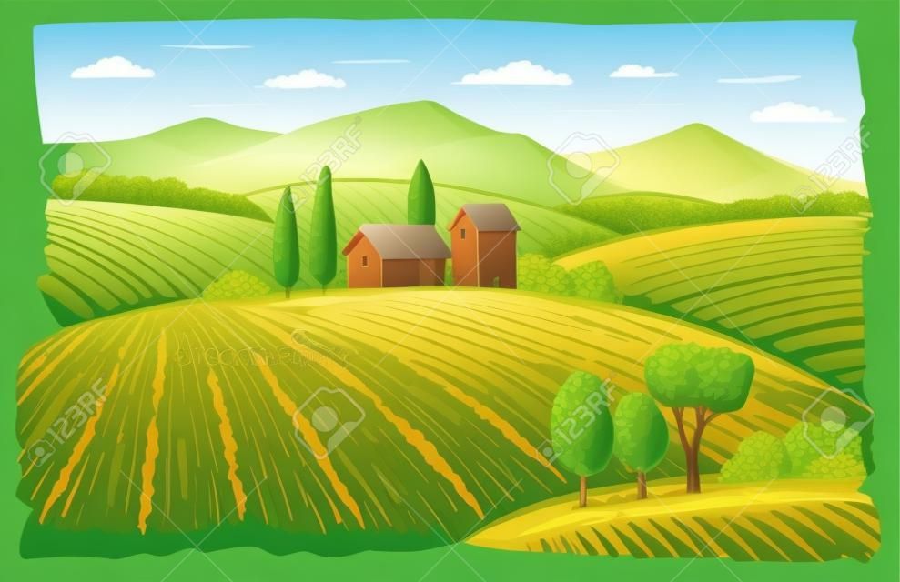 Vector illustration landscape nature with agrarian fields