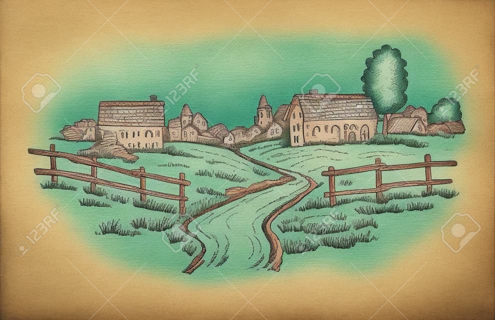kézzel rajzolt falu