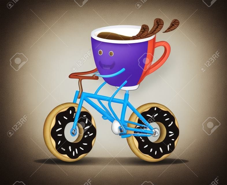 Taza de café en bicicleta con donuts weels