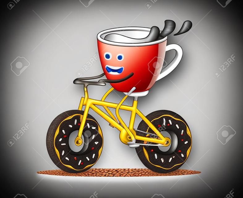 Taza de café en bicicleta con donuts weels