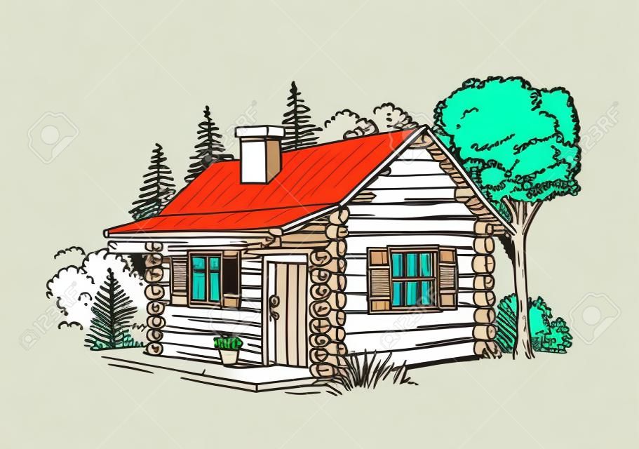 Ręcznie rysowane ilustracji wektorowych z drewnianego domu