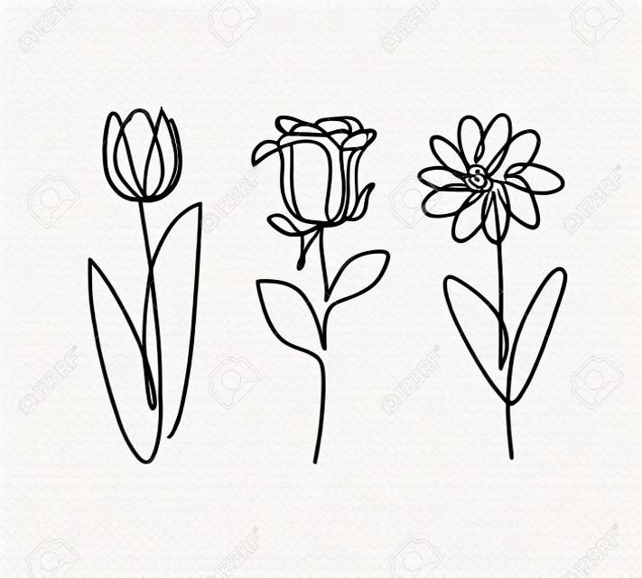 Doodle de linha contínua de três flores