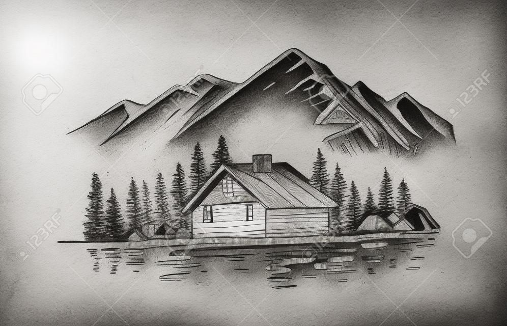大きな山のある風景。家と川の自然スケッチ。手描きインクイラスト