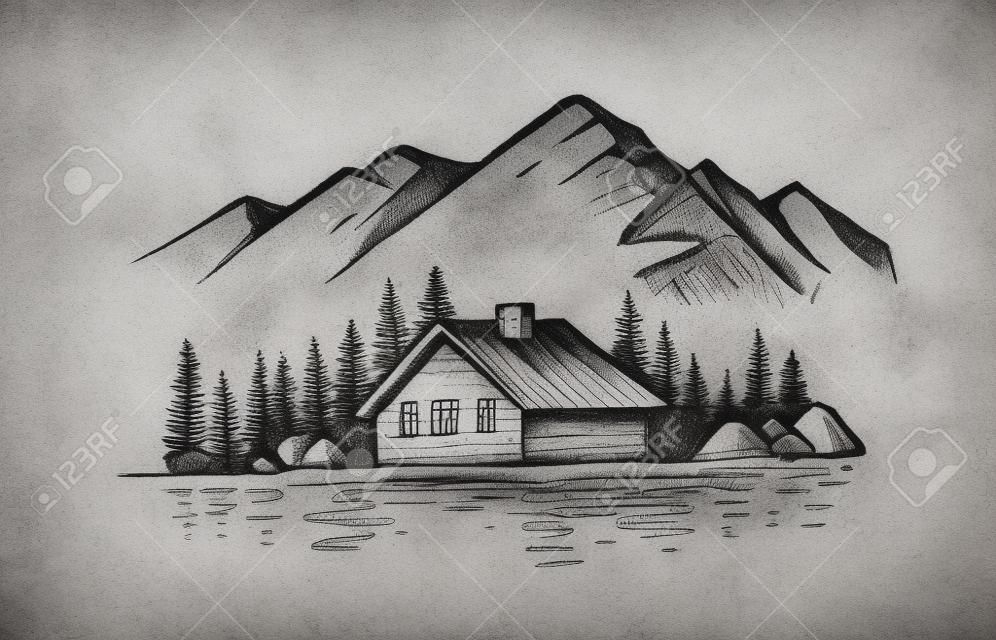 Landschap met grote bergen. Natuur schets met huis en rivier. Hand getekende inkt illustratie
