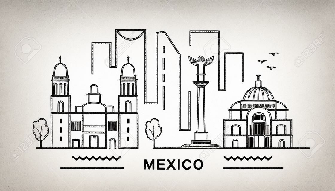 México estilo minimalista City Outline Skyline com tipográfico. Paisagem urbana vetorial com marcos famosos. Ilustração para impressões em sacos, cartazes, cartões.