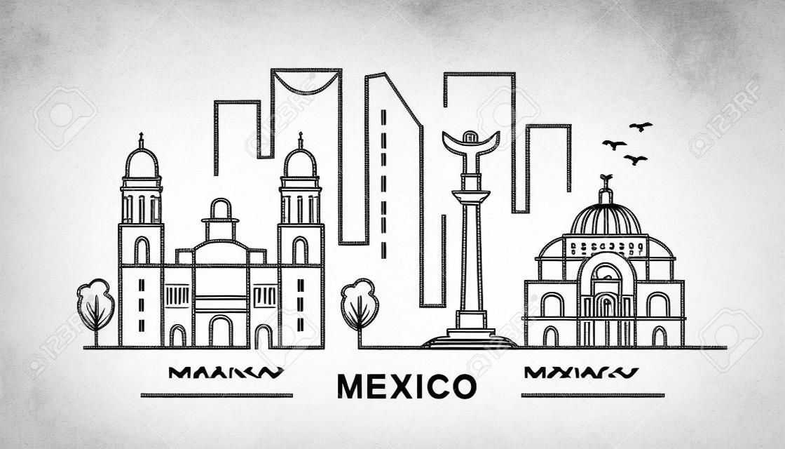 México estilo minimalista City Outline Skyline com tipográfico. Paisagem urbana vetorial com marcos famosos. Ilustração para impressões em sacos, cartazes, cartões.