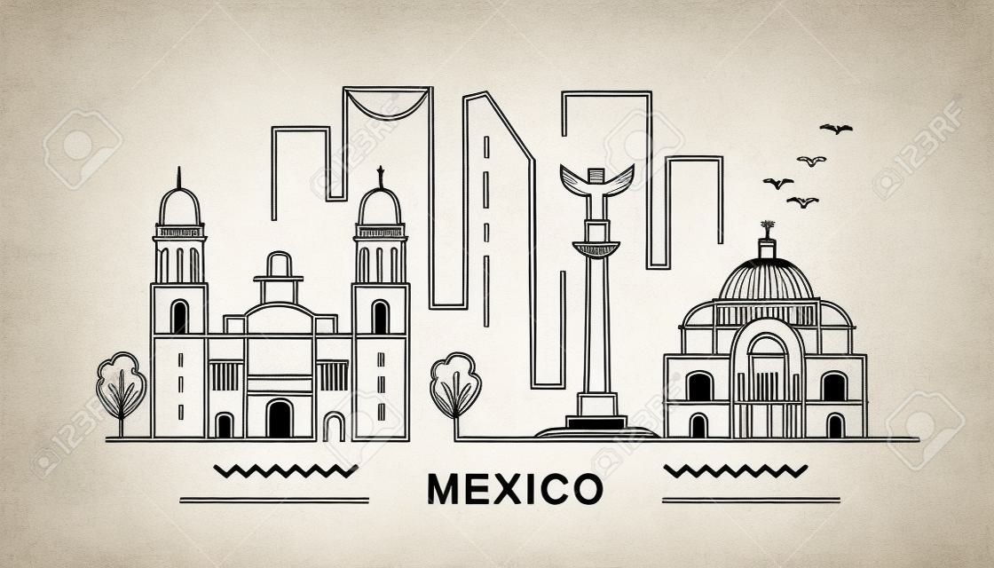 Mexiko minimaler Stil City Outline Skyline mit typografischen. Vektorstadtbild mit berühmten Sehenswürdigkeiten. Illustration für Drucke auf Taschen, Postern, Karten.