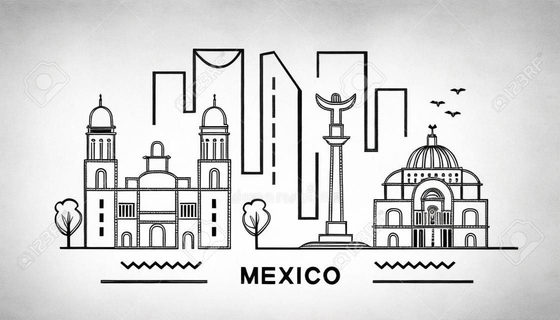 Mexique style minimal City Outline Skyline avec Typographic. Paysage urbain de vecteur avec des monuments célèbres. Illustration pour impressions sur sacs, affiches, cartes.