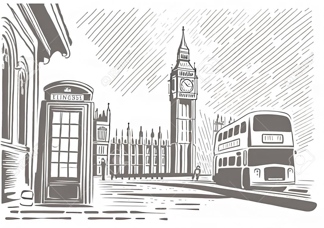 Londyńskie miasto z Big Benem. ręcznie rysowana linia szkic europejskiej starówki.