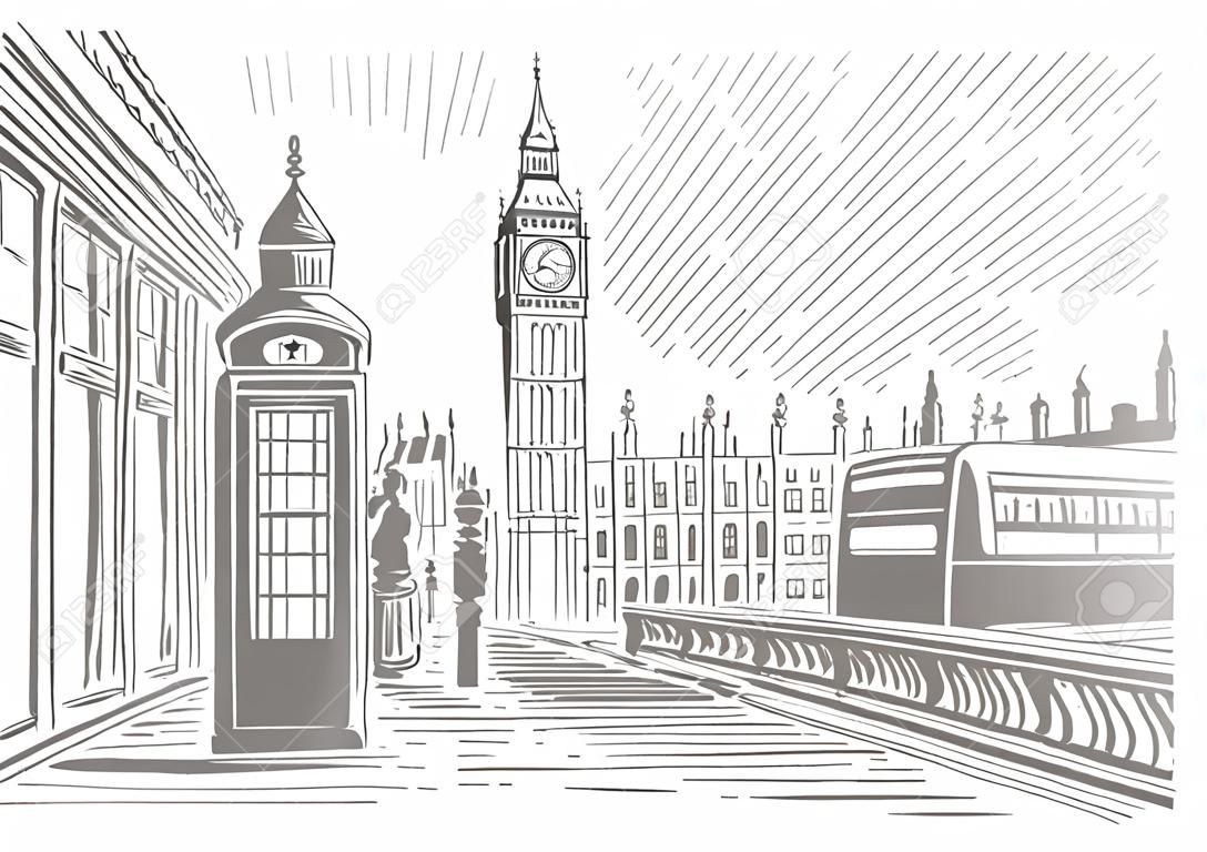 Londyńskie miasto z Big Benem. ręcznie rysowana linia szkic europejskiej starówki.