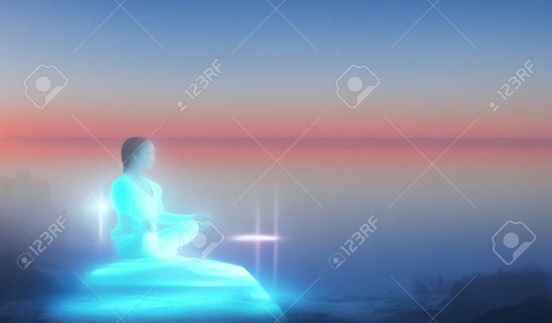 Schöne friedliche Frau sitzt in einer Pose eines halben Lotus, der Yoga-Meditation praktiziert, blauer Sommerhimmel, leuchtendes Chakra, geschlossene Augen ruhig. Kundalini-Energieübung. Menschlicher Geist, Menschenheilungskonzept