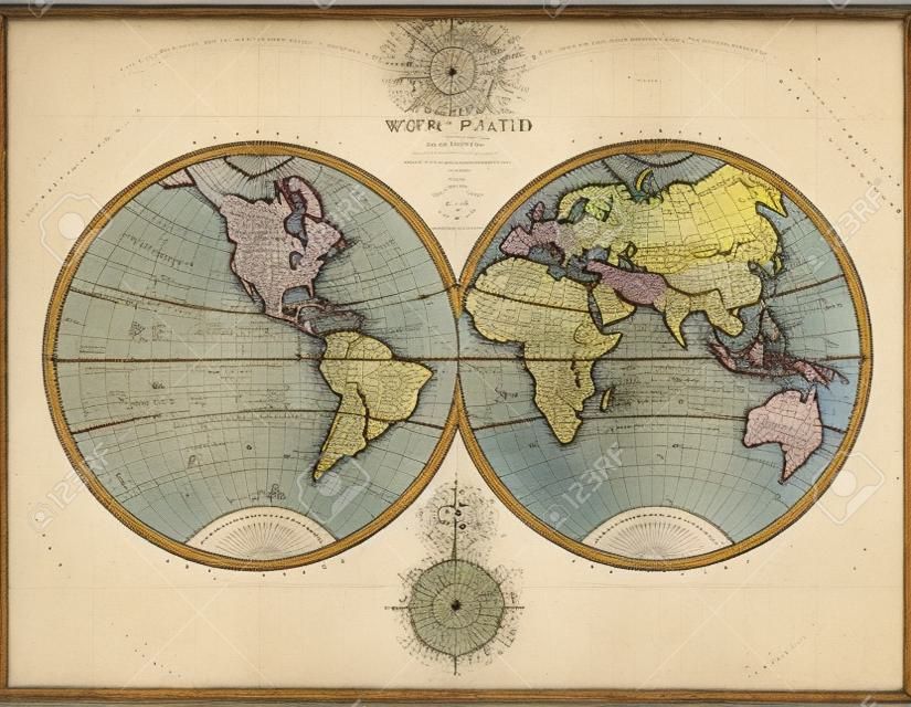 Una auténtica manchado viejo mapa del mundo que data de mediados de 1800 que muestra hemisferios occidental y oriental con el colorante de la mano.