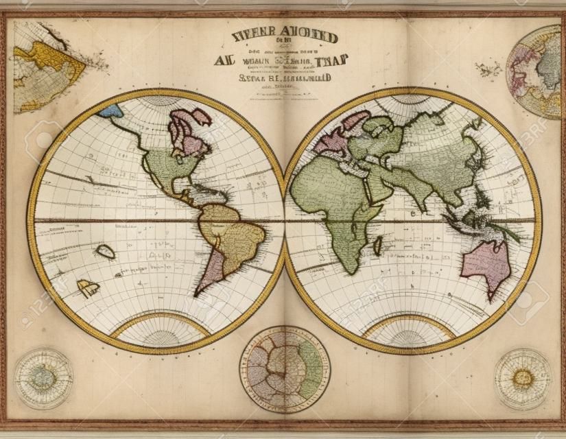 Una auténtica manchado viejo mapa del mundo que data de mediados de 1800 que muestra hemisferios occidental y oriental con el colorante de la mano.