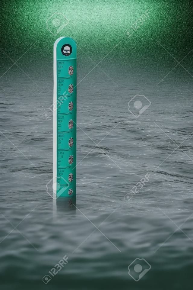 Flood level diepte marker post met regen vallen in het omringende water