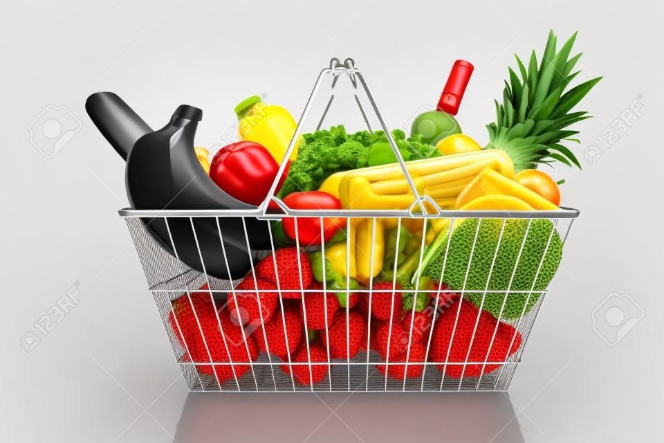 Wire shopping basket full of groceries including fresh fruit, vegetables, milk, wine, meat and dairy products. Isolated on a white background.