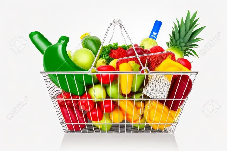 Wire shopping basket full of groceries including fresh fruit, vegetables, milk, wine, meat and dairy products. Isolated on a white background.