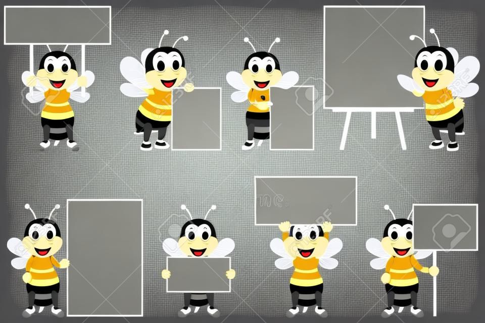 Cartoon süßer Bienenzeichensatz und Tafel zum Schreiben. Vektor-Illustration