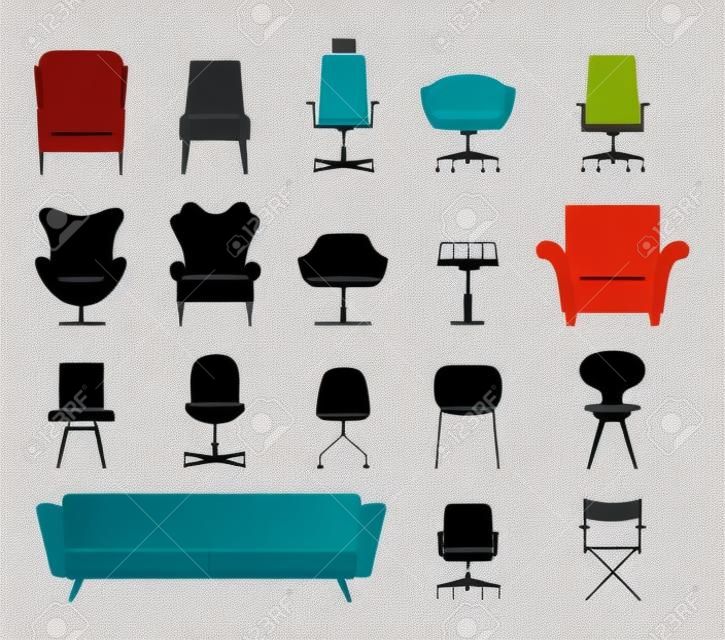 Ikona zestaw mebli sylwetka nowoczesnego krzesła i kanapy. Wektor. Ilustracja