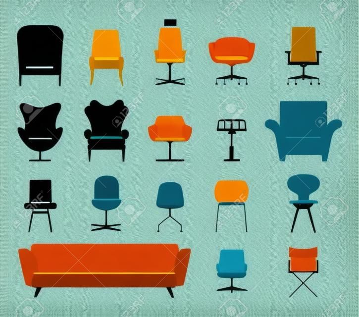 실루엣 현대적인 가구 의자와 소파의 아이콘을 설정합니다. 벡터. 삽화