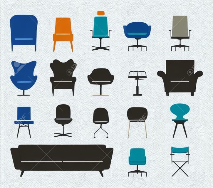 Conjunto de iconos de la silueta moderna silla de muebles y sofá. Vector. Ilustración