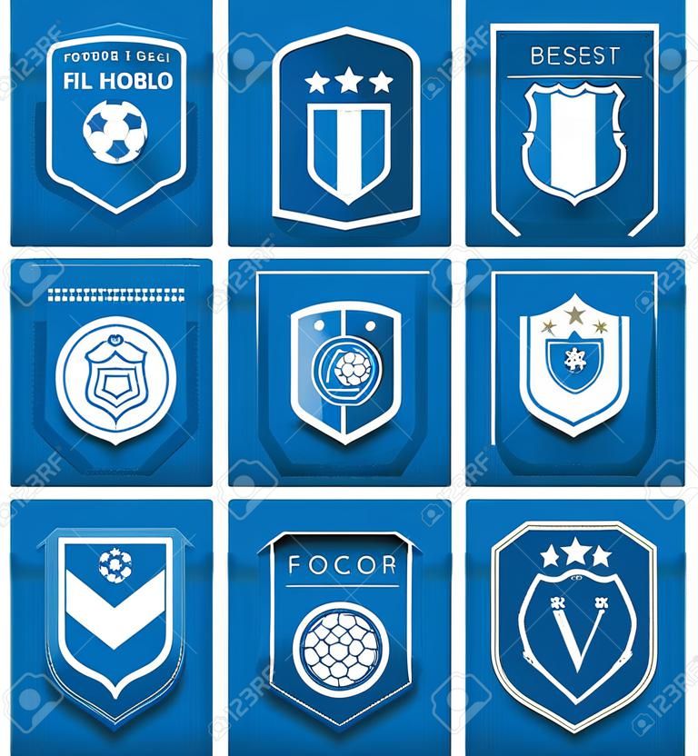 Set of football or soccer crest on blue tag in flat design. Football logo emblem. Football badge. Vector Illustration.
