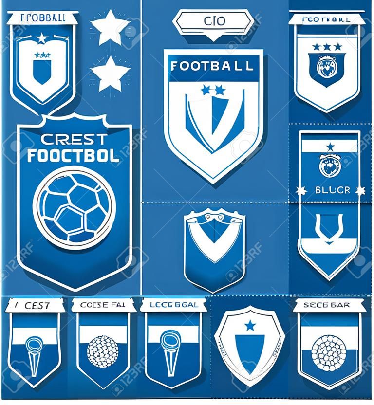 Set von Fußball oder Fußball-Wappen auf blau-Tag in flacher Bauform. Fußball-Logo-Emblem. Fußball-Abzeichen. Vektor-Illustration.