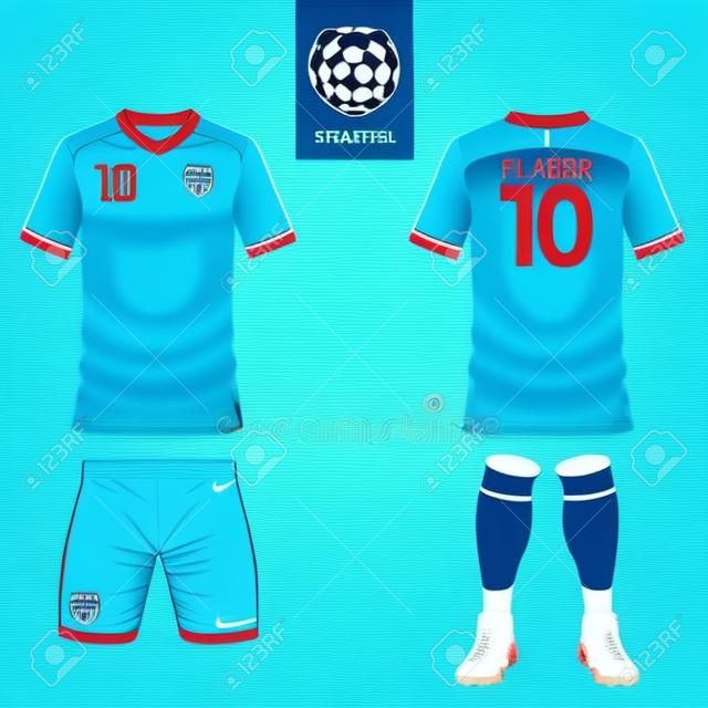 套盒或足球球衣模板平足球足球俱乐部标志的蓝色标签前后视图的足球服装模拟矢量插画