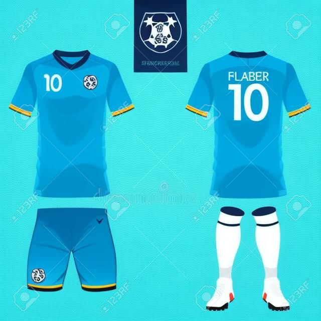 Set of soccer kit or football jersey template for football club. Flat football logo on blue label. Front and back view. Football apparel mock up. Vector Illustration