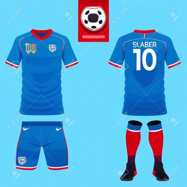 Set of soccer kit or football jersey template for football club. Flat football logo on blue label. Front and back view. Football apparel mock up. Vector Illustration