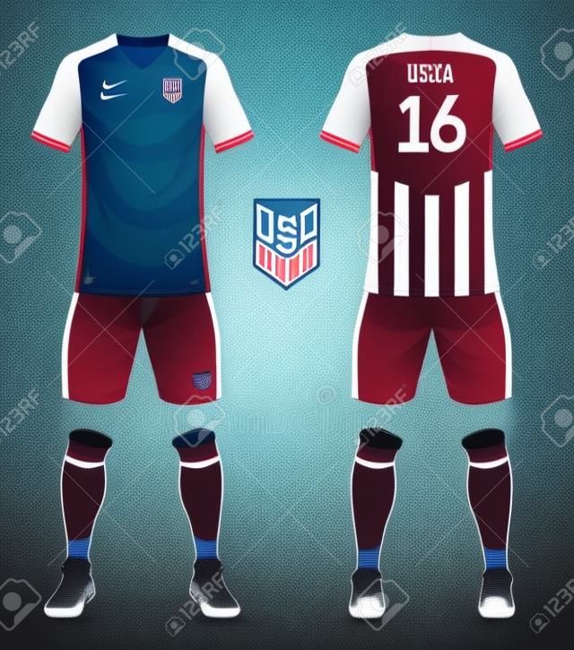 美利坚合众国足球套装或足球球衣样板足球俱乐部正面和后视足球制服足球模特矢量插图