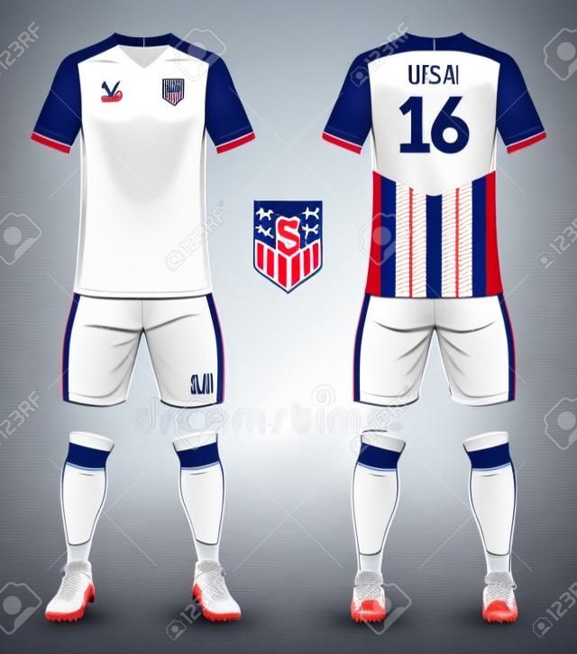 Set of United states of America soccer kit or football jersey template for football club. Front and back view soccer uniform. Football apparel mock up. Vector Illustration
