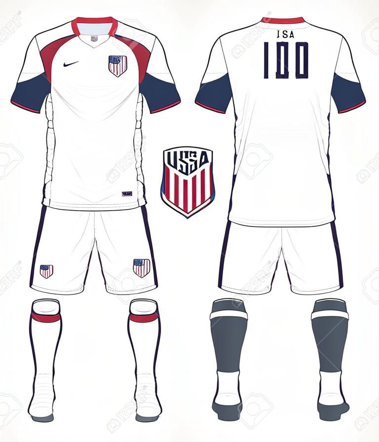 Set van Verenigde Staten van Amerika voetbal kit of voetbal jersey template voor voetbalclub. Voor-en achterzicht voetbal uniform. Voetbal kleding mock-up. Vector illustratie