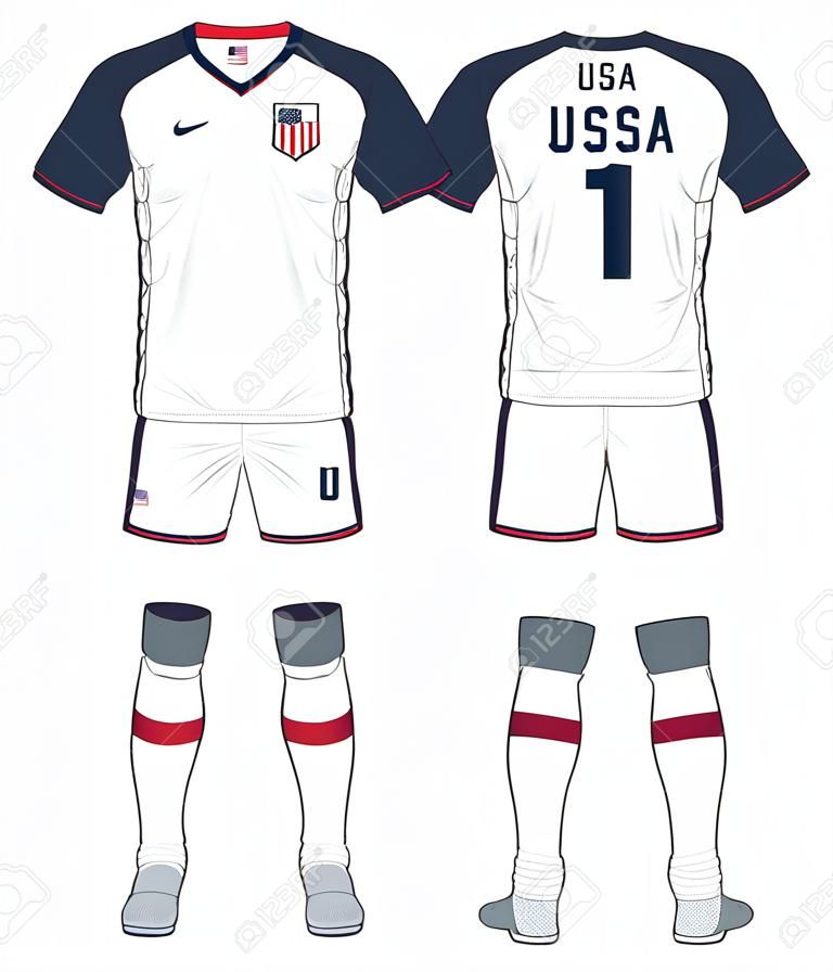 美利坚合众国足球套装或足球球衣样板足球俱乐部正面和后视足球制服足球模特矢量插图