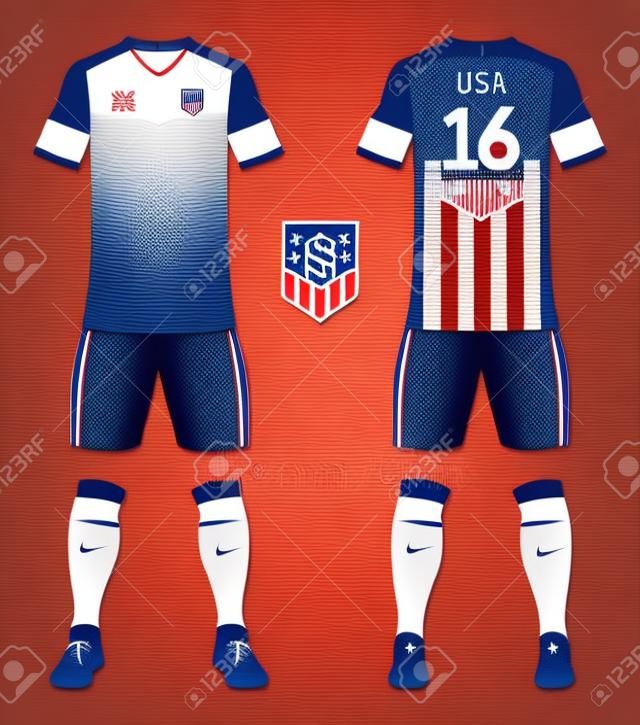 Conjunto de kit de futebol dos Estados Unidos da América ou modelo de camisa de futebol para clube de futebol. Vista frontal e traseira do uniforme de futebol. Vestuário de futebol maquete. Ilustração vetorial