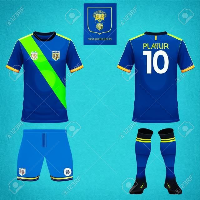 Állítsa be a foci kit vagy futball mez sablon labdarúgó klub. Lapos logó kék címkét. Első és hátsó nézet. Futballmez.
