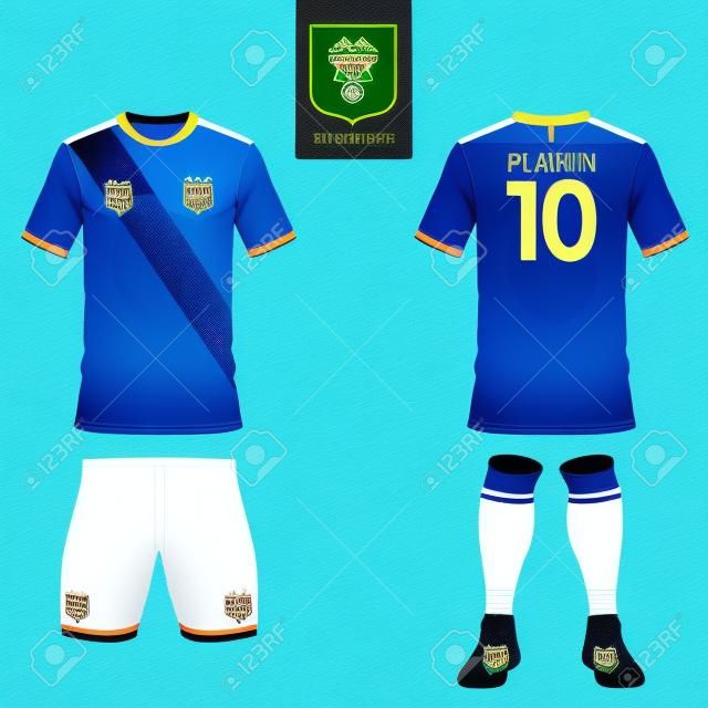 Set of soccer kit or football jersey template for football club. Flat logo on blue label. Front and back view. Football uniform.