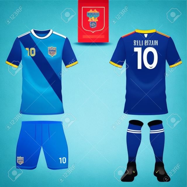 Zestaw zestawu nożnej lub piłki nożnej szablon koszulki dla klubu piłkarskiego. Płaski logo na niebieskim etykiecie. Przód i tył widok. jednolita nożna.