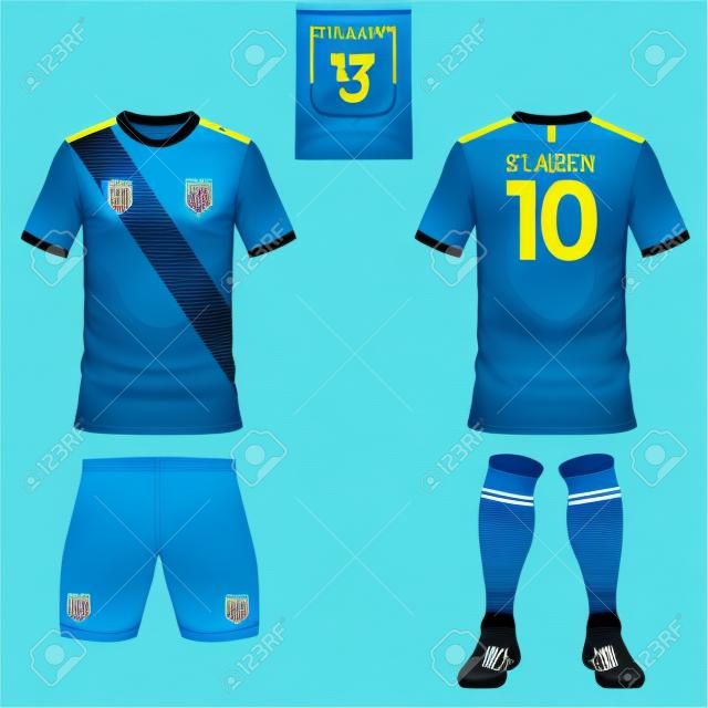 サッカー クラブのサッカー キットまたはフットボール ジャージー テンプレートのセットです。青いラベルのロゴ。前面と背面ビュー。サッカーのユニフォーム。