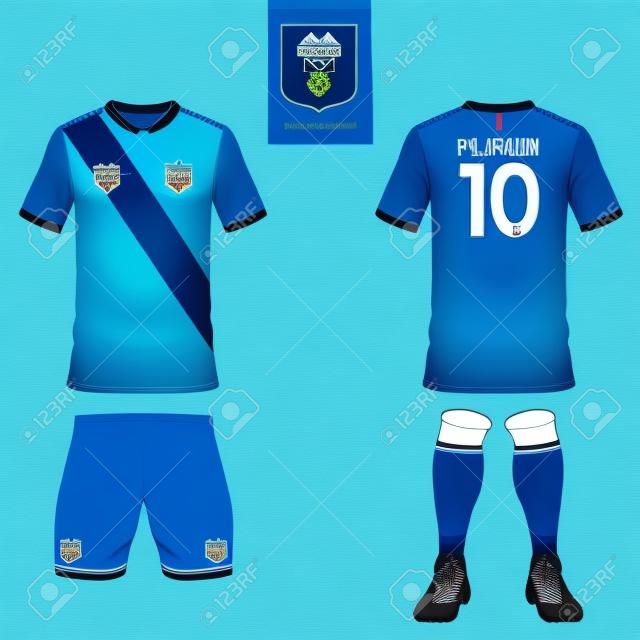 Set von Fußball-Kit oder Fußballtrikot Vorlage für Fußballverein. Flache Logo auf blauem Etikett. Vorder- und Rückansicht. Fußball Uniform.