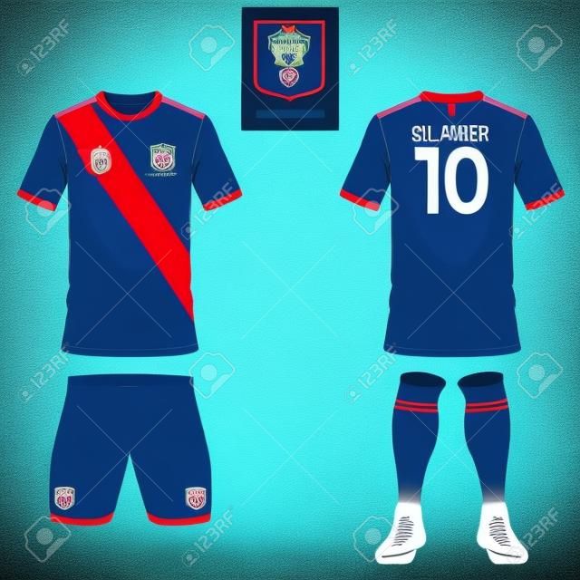 Conjunto de kit de fútbol o plantilla de camiseta de fútbol para el club de fútbol. Logotipo plano en etiqueta azul. Vista frontal y posterior. Uniforme de fútbol