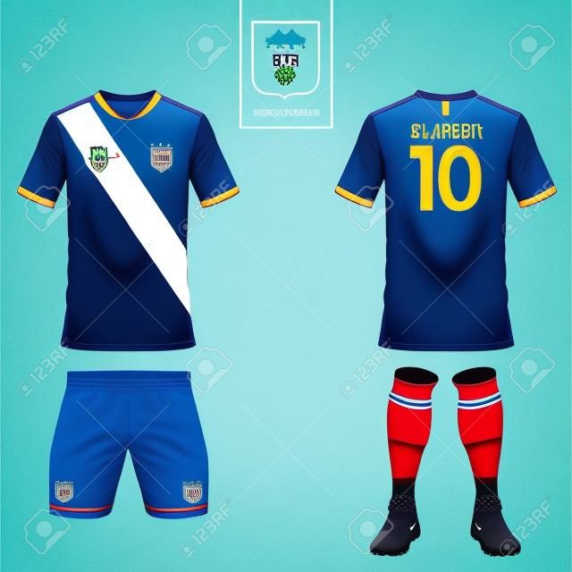 Набор спортивной экипировки или шаблон футбол Джерси для футбольного клуба. Плоский логотип на синем этикетке. Вид спереди и сзади. Форма футбольная.