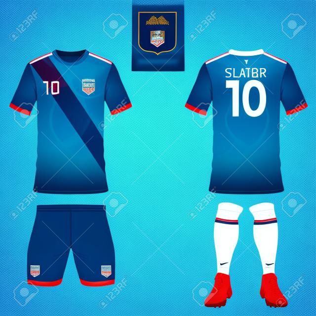 Ensemble de kit de soccer ou de football modèle de maillot pour le club de football. logo plat sur le label bleu. Vue avant et arrière. uniforme de football.