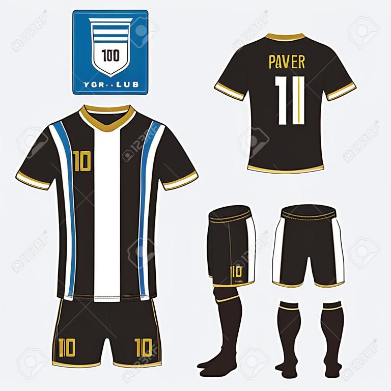 足球俱乐部的足球套件或橄榄球球衣模板集。在蓝色标签上的平面足球标志。正面和背面查看足球服。足球衬衫模拟了。传染媒介例证。