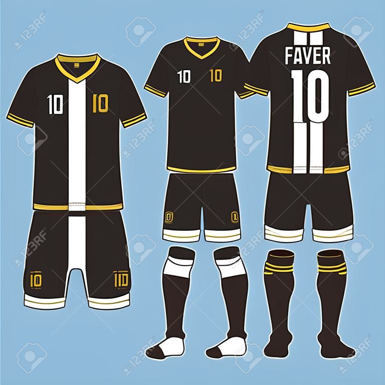 足球俱乐部的足球套件或橄榄球球衣模板集。在蓝色标签上的平面足球标志。正面和背面查看足球服。足球衬衫模拟了。传染媒介例证。