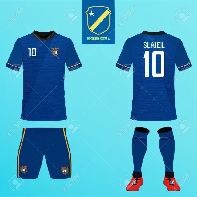 Futbol seti seti veya futbol forması futbol kulübü şablonu. Mavi etikette düz futbol logosu. Önden ve arkadan görünüşlü futbol üniforma.