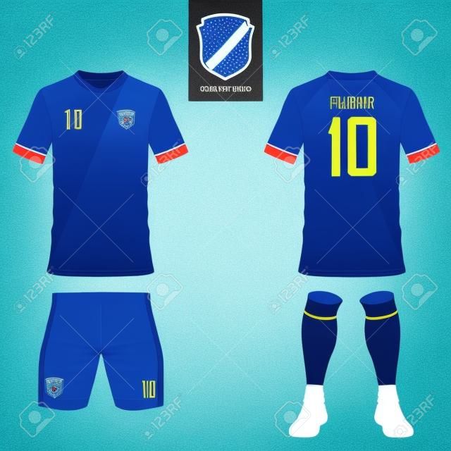 Futbol seti seti veya futbol forması futbol kulübü şablonu. Mavi etikette düz futbol logosu. Önden ve arkadan görünüşlü futbol üniforma.
