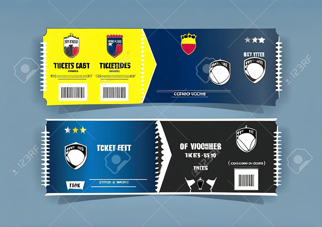Design Biglietti modello per il calcio o partita di calcio. buoni omaggio o buoni certificato. Illustrazione vettoriale.